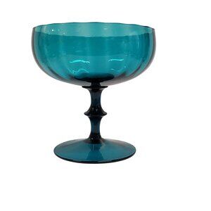 Empoli Italian Blue Art Glass Pedestal Bowl Teal Swirl Compote 7” Tall